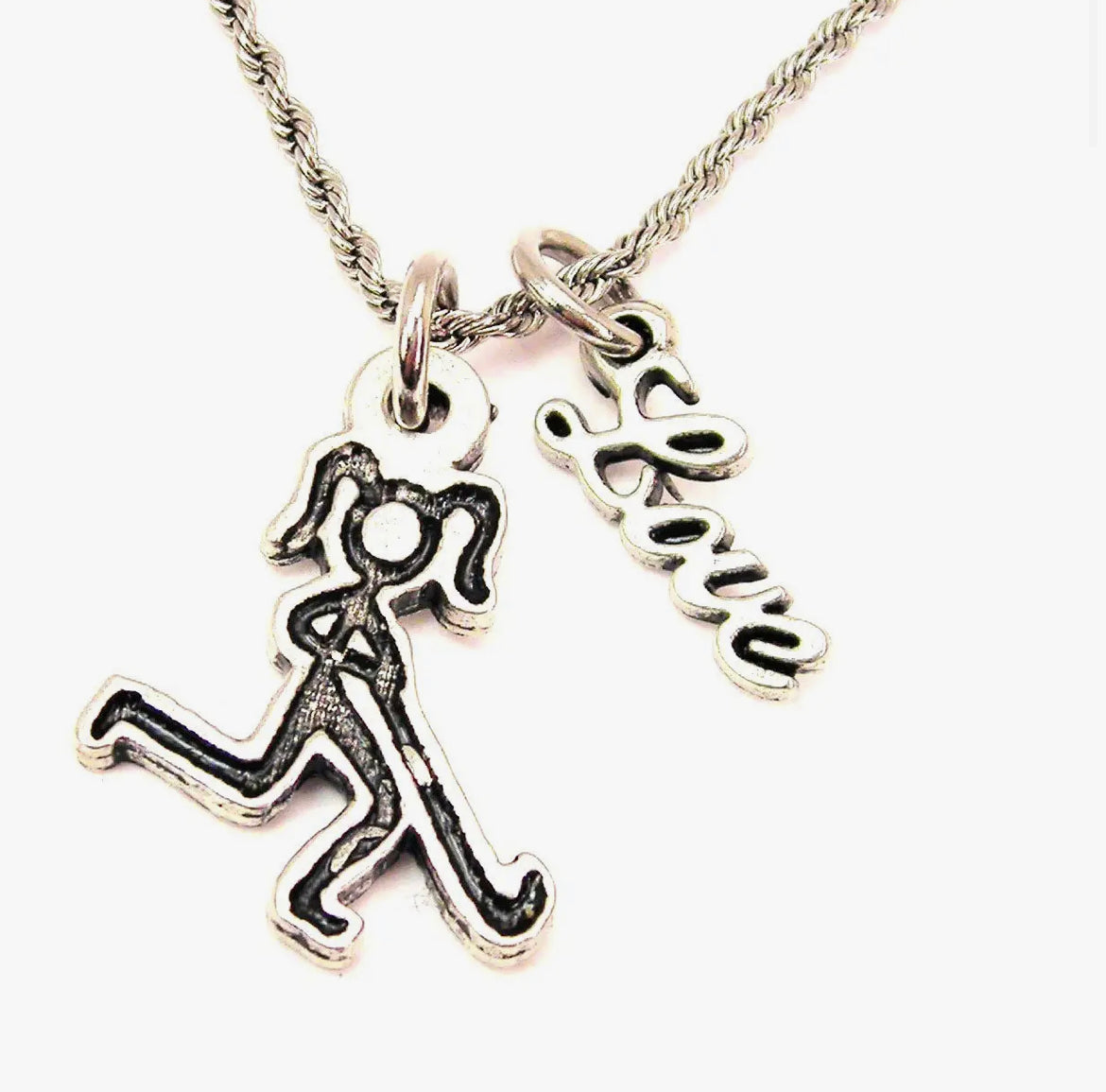 Stick Figure Lacrosse Girl 20" Rope Necklace With Love